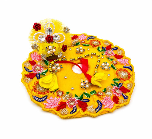 Designer Laddu Gopal dress featuring vibrant floral work, pearls, and decorative mukut.