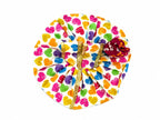 White Laddu Gopal poshak with vibrant heart prints, golden lace, and matching maroon pagdi.