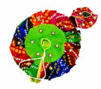 Colorful Bandhani Laddu Gopal poshak with bright green blouse and peacock feather mukut.