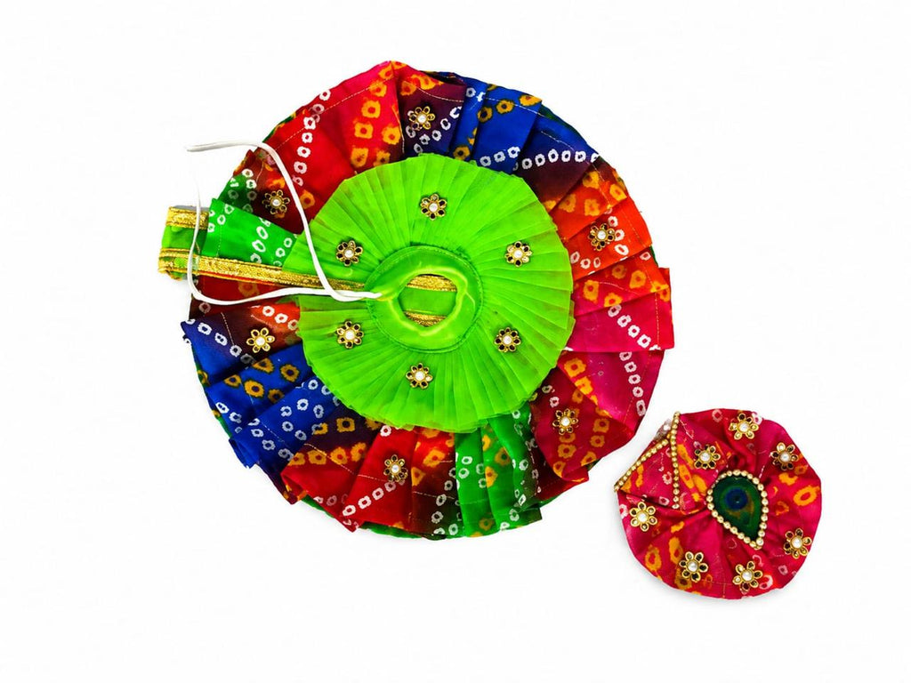 Colorful Bandhani Laddu Gopal poshak with bright green blouse and peacock feather mukut.