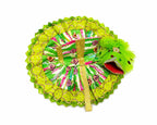 Handcrafted green Laddu Gopal outfit adorned with traditional prints and sparkling golden detailing.