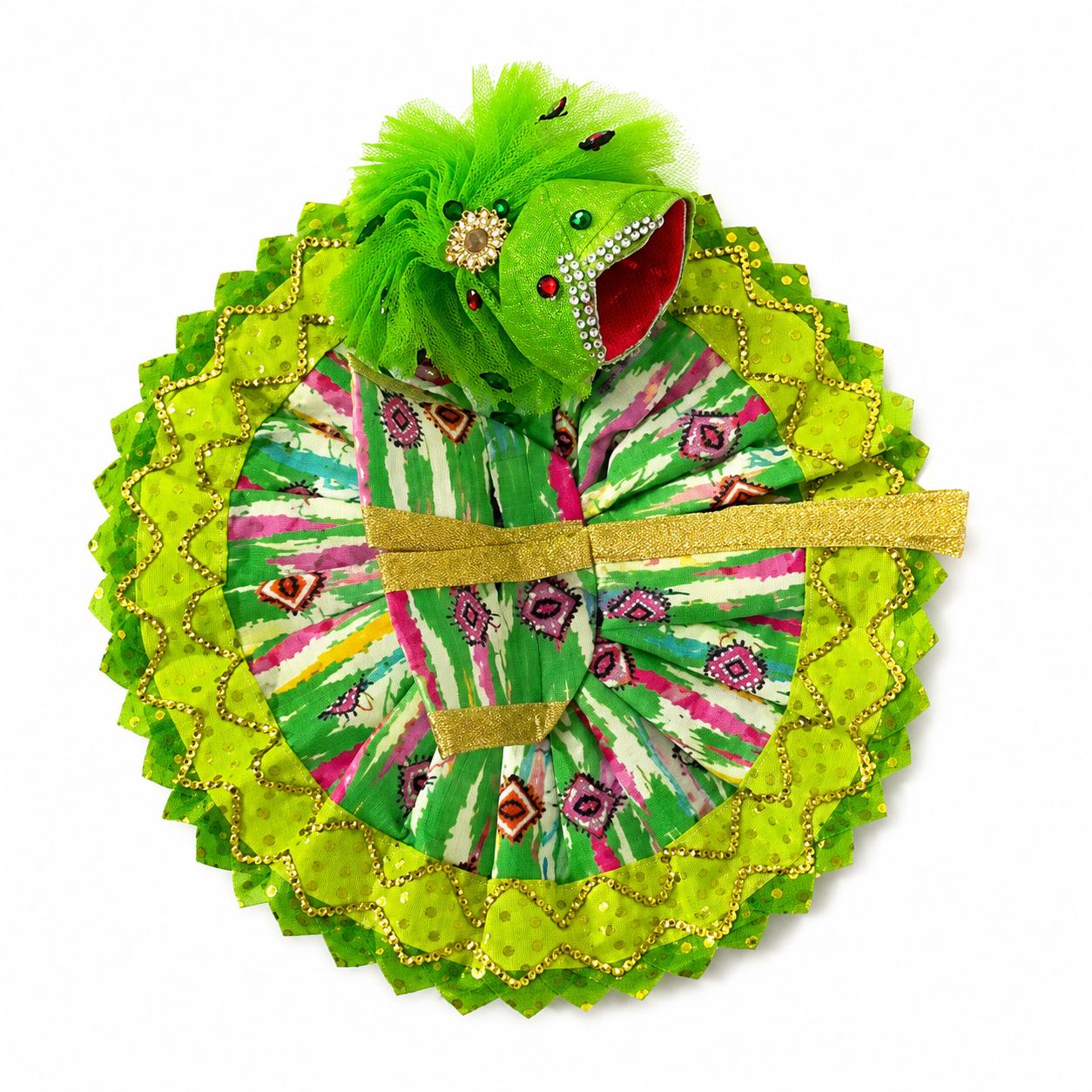 Handcrafted green Laddu Gopal outfit adorned with traditional prints and sparkling golden detailing.