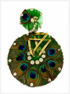 Premium green Kanha poshak decorated with natural peacock feathers and sparkling crystal embellishments.