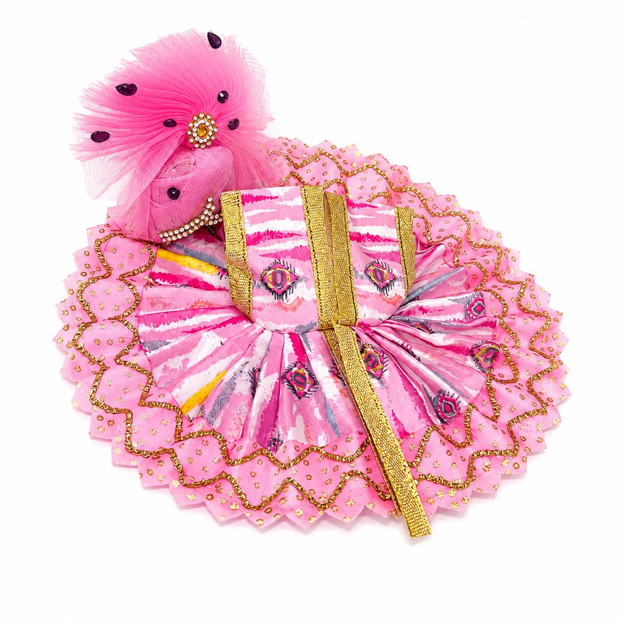Handcrafted pink Laddu Gopal dress with golden lace and floral crown.