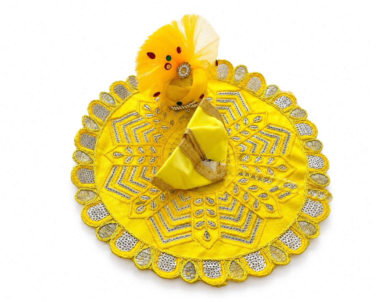 Elegant yellow Laddu Gopal dress featuring silver embroidery and golden lace