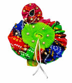 Colorful Bandhani Laddu Gopal poshak with bright green blouse and peacock feather mukut.