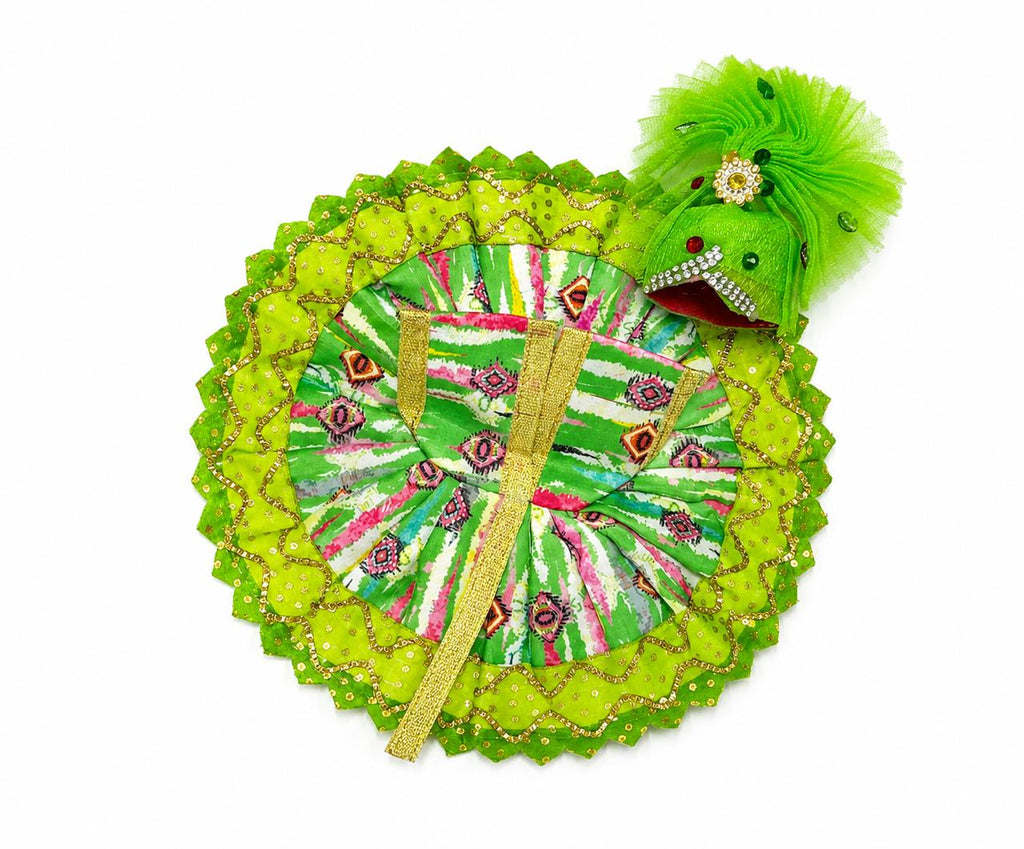 Handcrafted green Laddu Gopal outfit adorned with traditional prints and sparkling golden detailing.