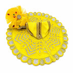 Elegant yellow Laddu Gopal dress featuring silver embroidery and golden lace