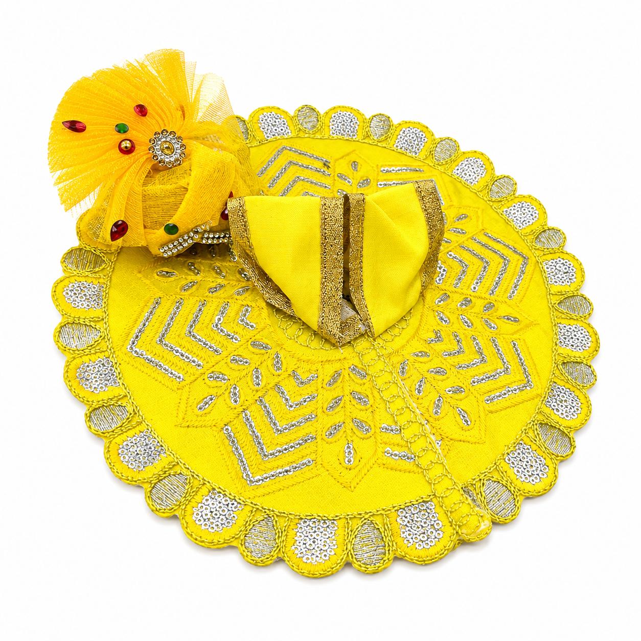 Elegant yellow Laddu Gopal dress featuring silver embroidery and golden lace