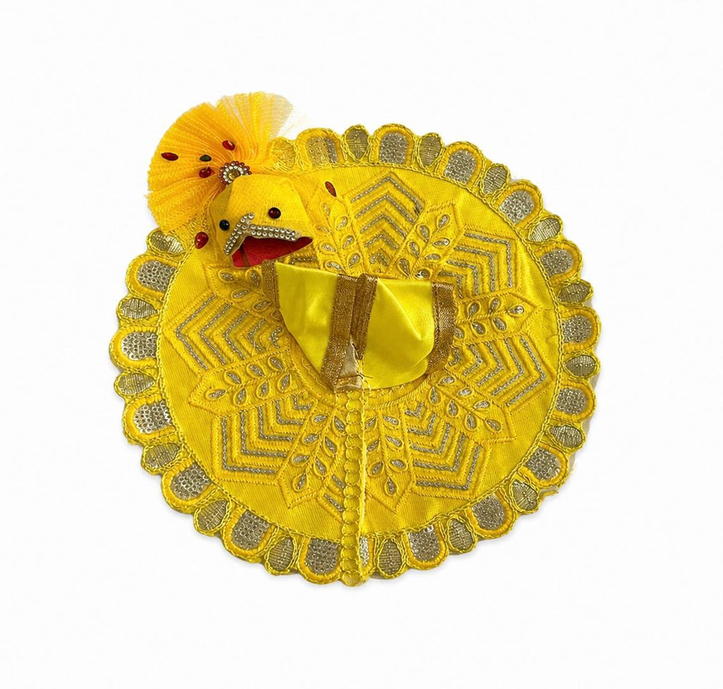 Elegant yellow Laddu Gopal dress featuring silver embroidery and golden lace